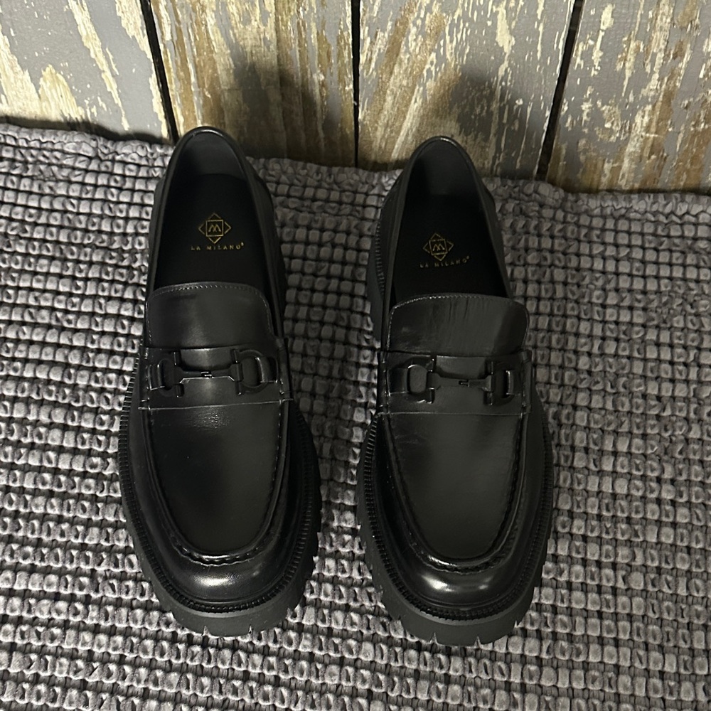 La Milano Black Leather Bit Slip-On Loafers Leather upper Size 12